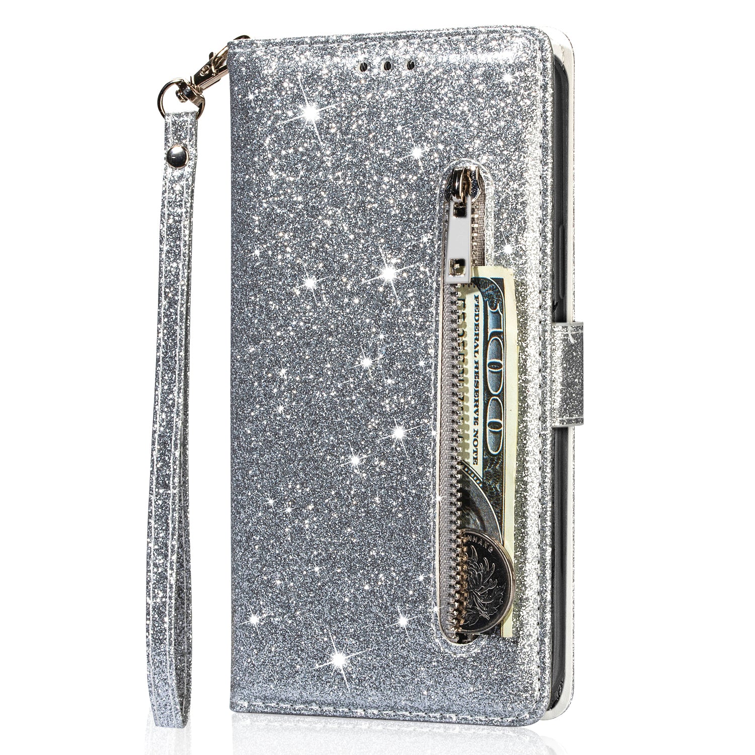 For Samsung Galaxy A55 5G Cell Phone Case Zipper Pocket Wallet Glitter Leather Drop-proof Cover - Silver For Samsung Galaxy A55 5G Cell Phone Case Zipper Pocket Wallet Glitter Leather Drop-proof Cover - Silver